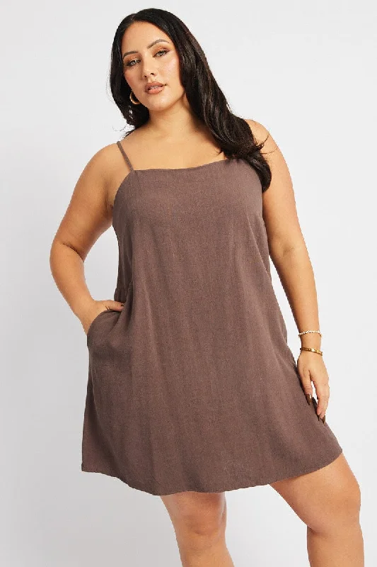 Brown Square Neck Shoestring Strap Shift Mini Dress