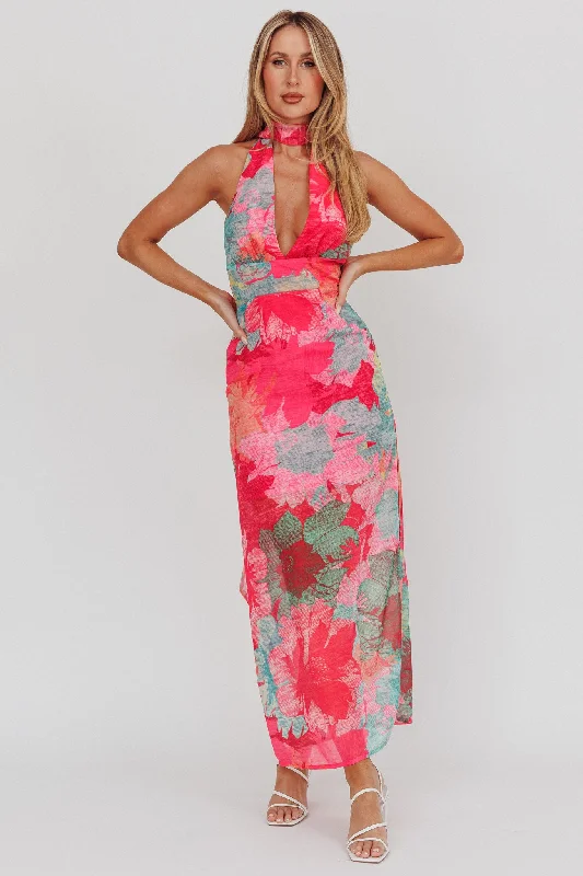 Cipriana Backless Halter Maxi Dress Floral Fuchsia