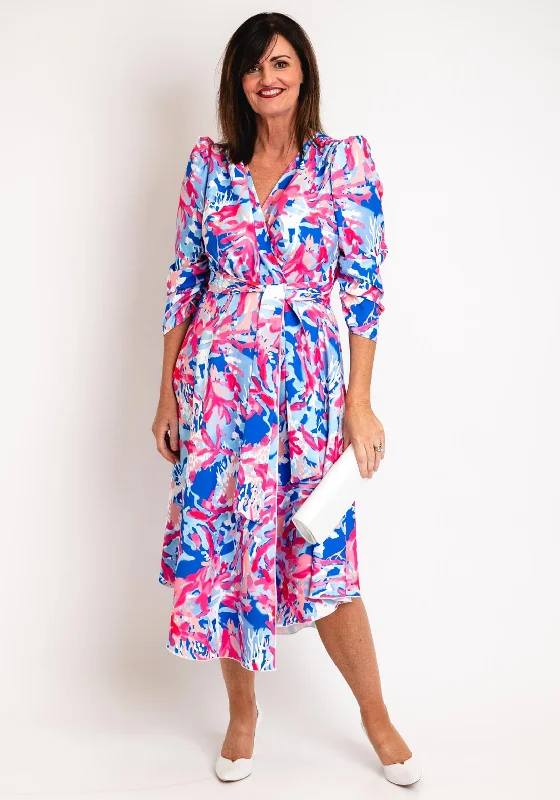 Coco Doll Ruched Sleeve Maxi Wrap Print Dress, Multi