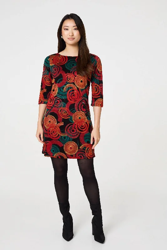 Abstract 3/4 Sleeve Short Shift Dress