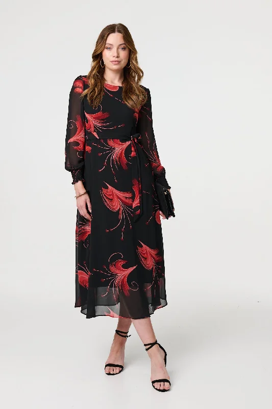 Tropical Print Mesh Layered Midi Dress