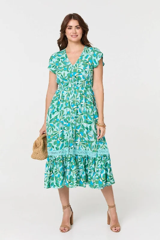 Leaf Print Cap Sleeve Lace Trim Midi Dress