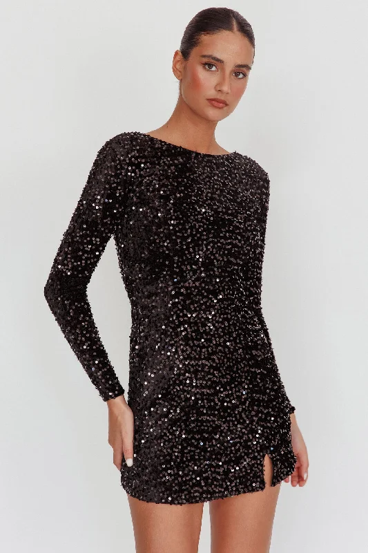 Demure Long Sleeve Open Back Dress Sequin Black