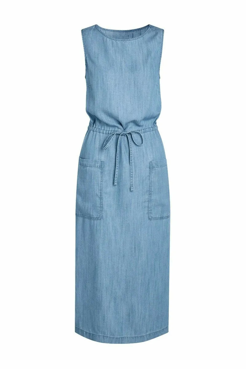 Denim Blue Tencel Pocket Long Dress Elasticated Tie Waist