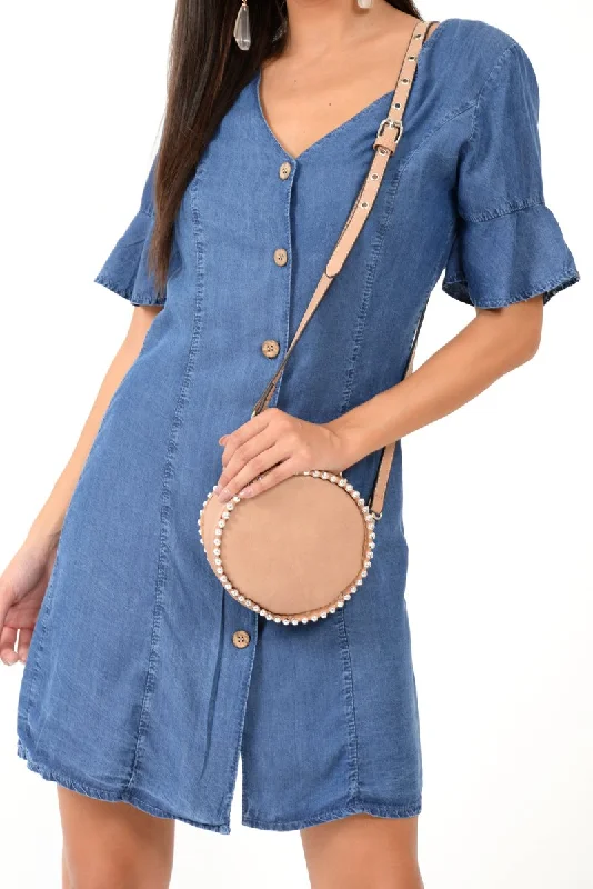 Denim Plunge Short Sleeve Mini Shift Dress - Valeda