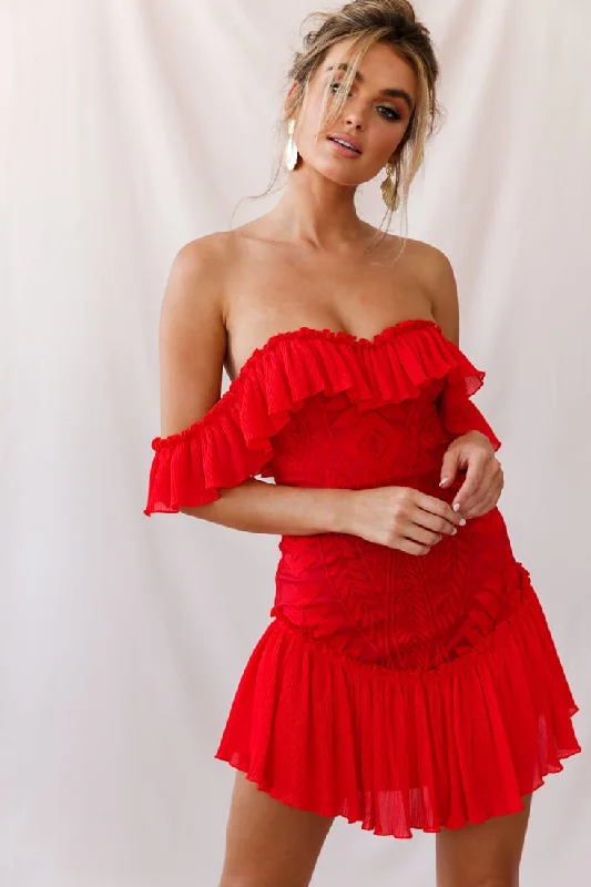 cottagecore mini dress -Dreamy Off-Shoulder Mini Dress Red