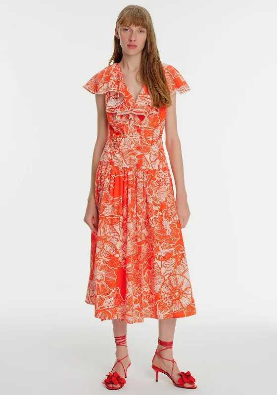 Exquise Ruffle Neck Floral Maxi Dress, Orange