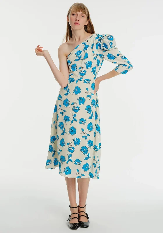 Exquise Floral One Sleeve Maxi Dress, Blue & Beige