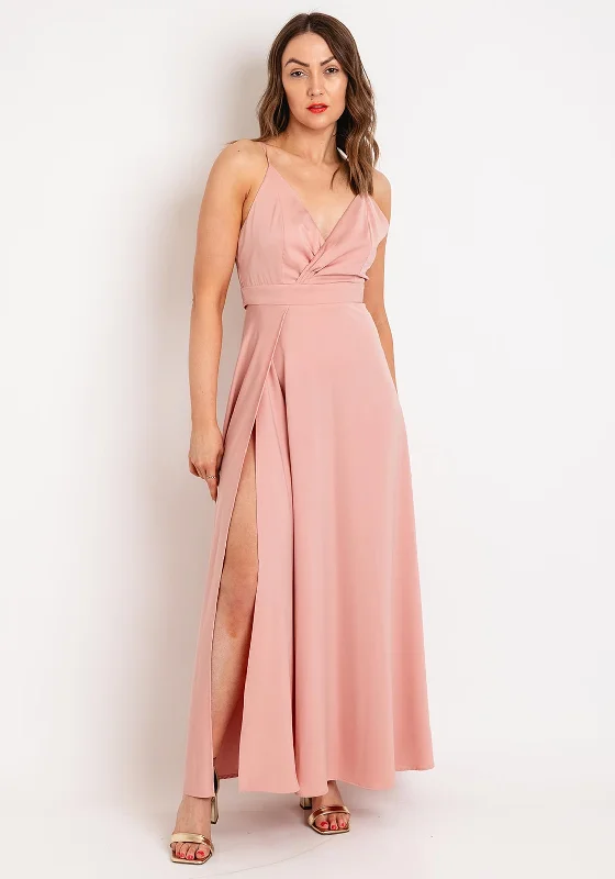 Goa Goa Carillon Satin Floral Slit Leg Maxi Dress, Peach