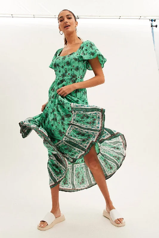 Green Boho Maxi Dress Square Neck Short Sleeve