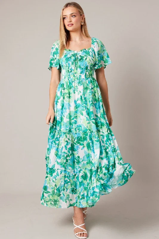 Green Floral Maxi Dress Short Sleeve Shirred