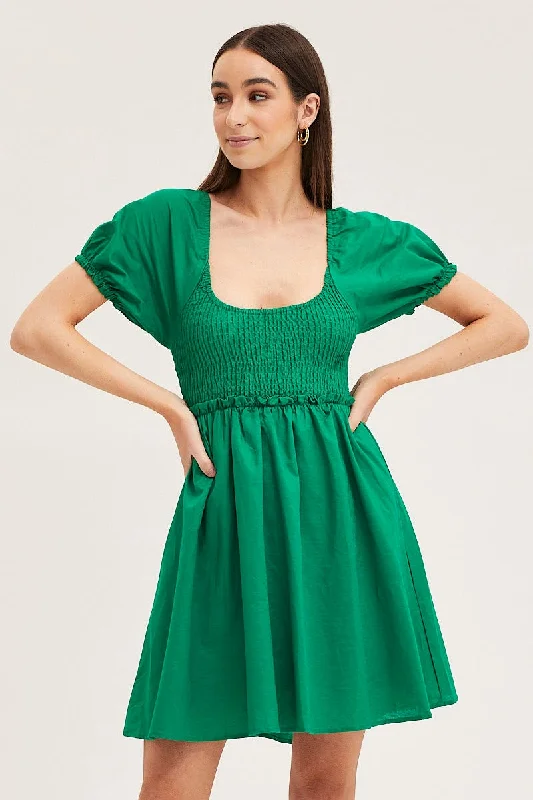 Green Puff Sleeve Linen Shirred Skater Dress