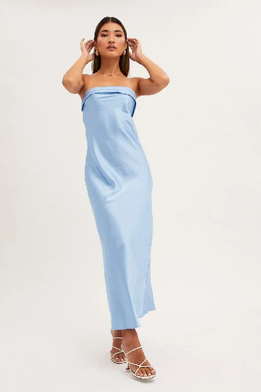 Blue Satin Dress Maxi Strapless