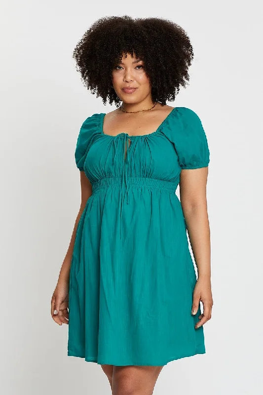 convertible mini dress -Green Short Capped Sleeve Mini Dress