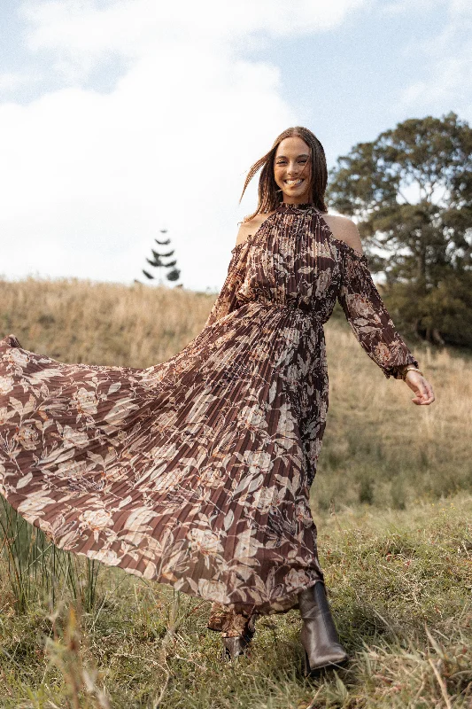 Hilary Pleated Maxi Dress - Brown Floral