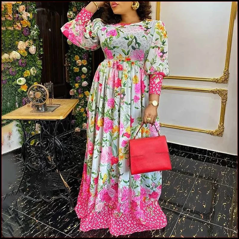 Holiday Dress Women Fashion 3/4 Sleeve Floral Printed Party Maxi Dress S4613945