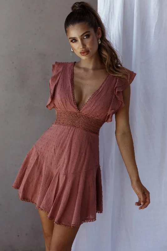 Idyllwild Ruffle Shoulder Mini Dress Rose