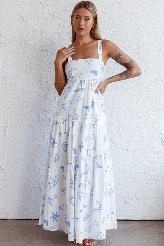 Indianna Square Neckline Maxi Dress Printed White