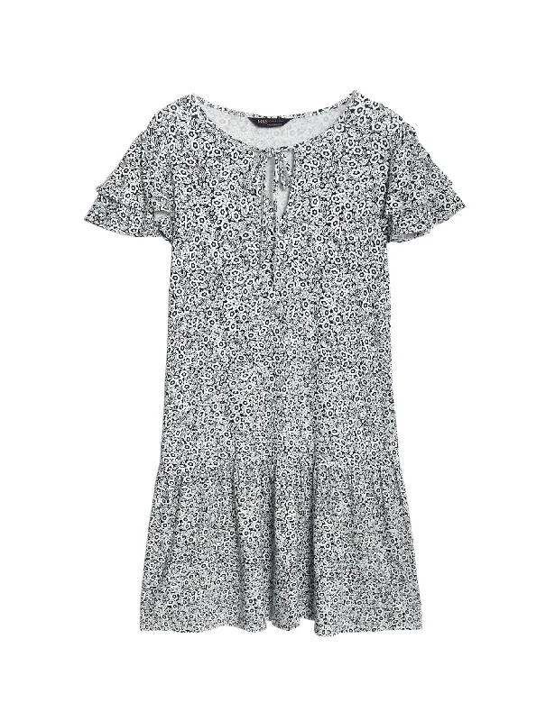 Jersey Printed Tie Neck Mini Smock Dress