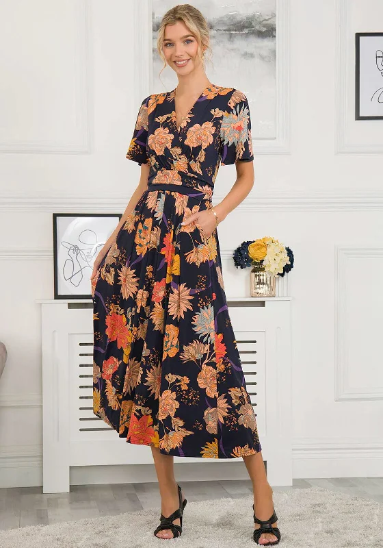 Jolie Moi Sheyra Floral Print Jersey Maxi Dress, Navy Orange