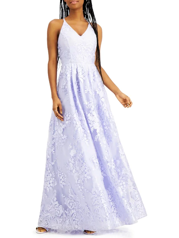 elegant halter neck prom dress -Juniors Womens Floral Embroidered Maxi Evening Dress