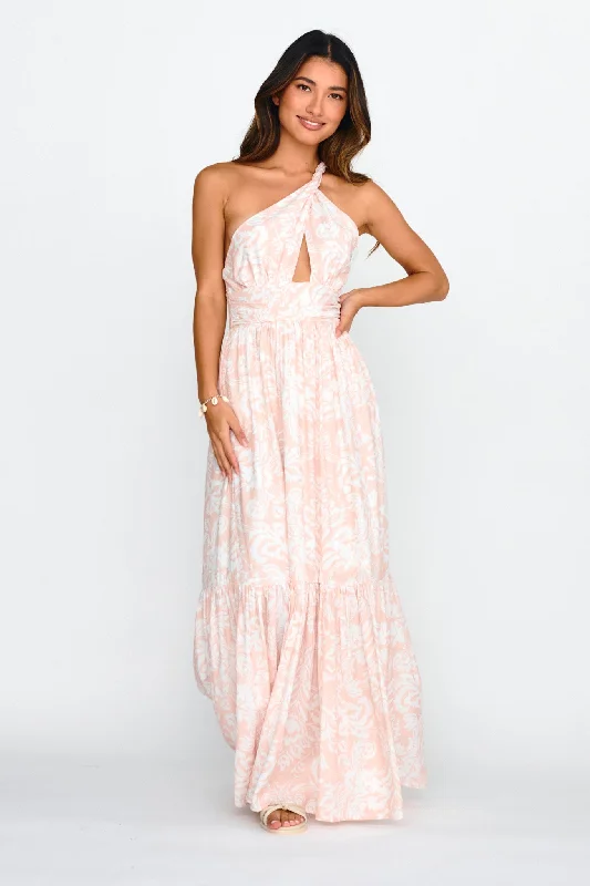 Kamali One-Shoulder Keyhole Maxi Dress Beige