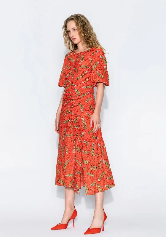 Kameya Ruched Detail Multi Print Maxi Dress, Coral