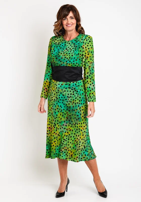 Kameya Belted Waist, Polka Dot Print Maxi Dress, Green