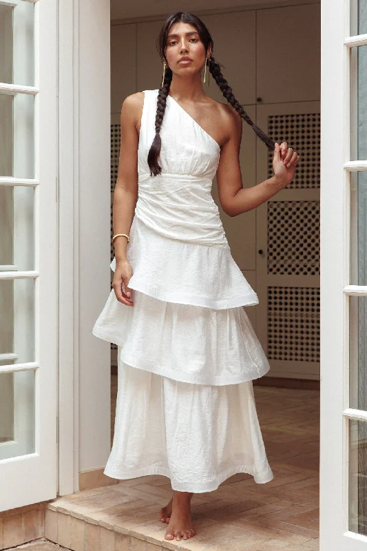 Kenny One Shoulder Tiered Maxi Dress White