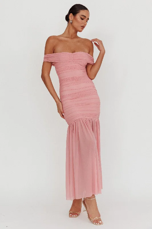 La Salle Off Shoulder Mesh Maxi Dress Pink