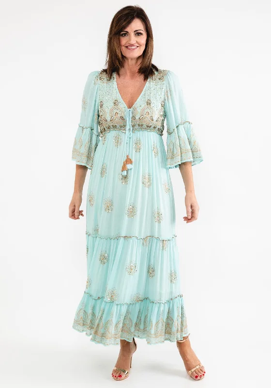 Seventy1 One Size Embellished Smock Maxi Dress, Duck Egg