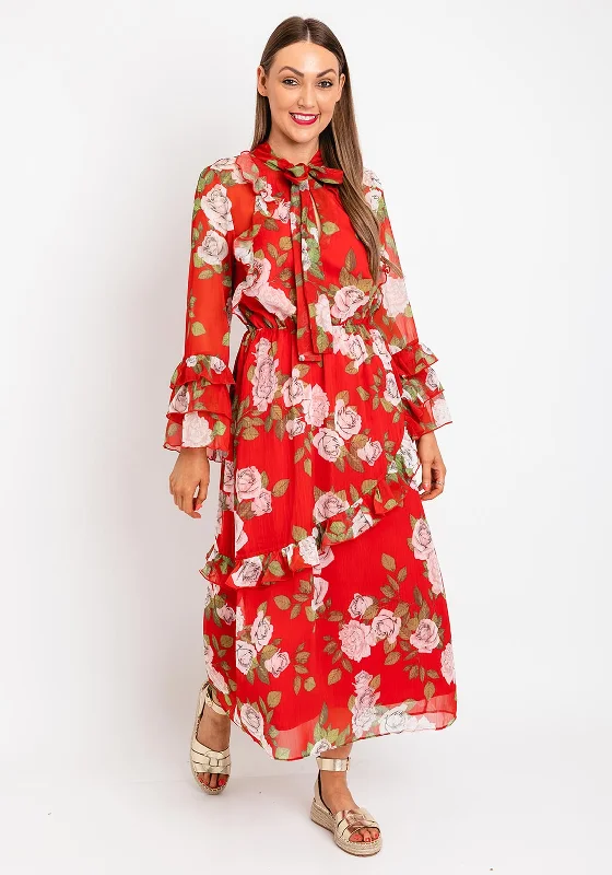 Serafina Collection Floral Ruffle Tiered Maxi Dress, Red