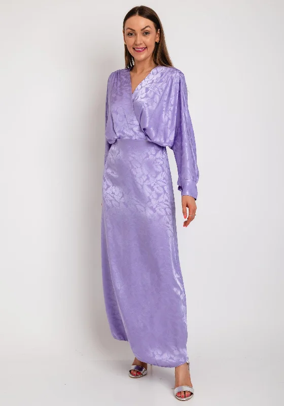 The Sofia Collection Leaf Print Satin Batwing Maxi Dress, Lilac