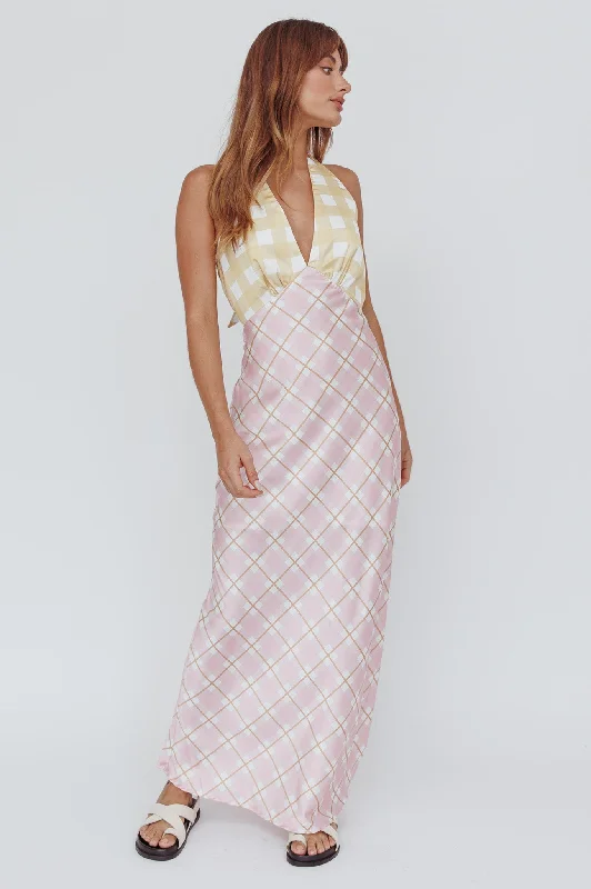 Lavara Halterneck Maxi Dress Checker Pink