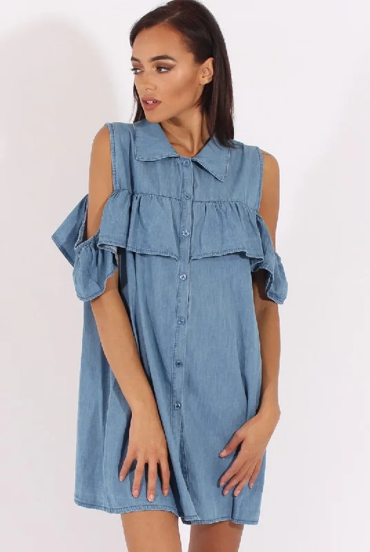 Light Blue Cold Shoulder Denim Dress - Torrie