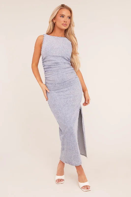 Light Blue Stretch Denim Ruched Side Slit Maxi Dress - Ashleigh