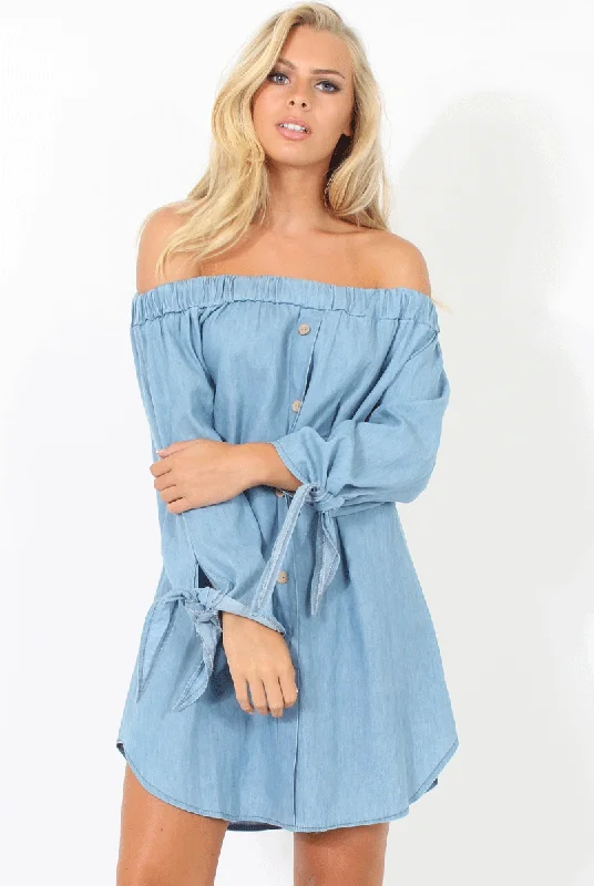 Light Denim Buttoned Bardot Dress - Adeline