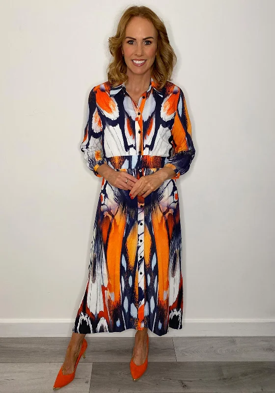 high-low maxi dress -Lizabella Chiffon Print Shirt Maxi Dress, Orange & Navy Multi