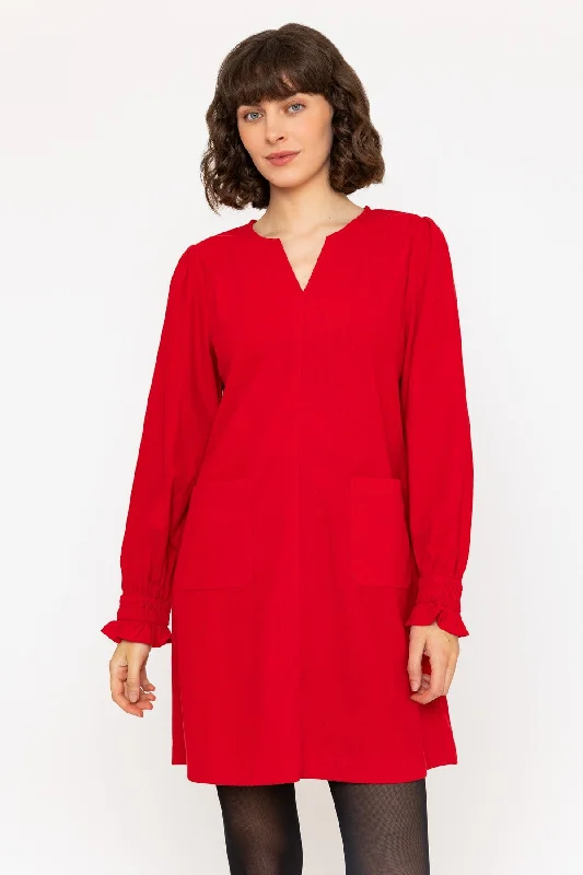 Long Sleeve Cord Mini V-Neck Dress in Red