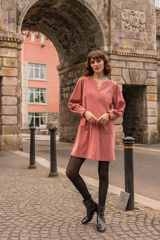 Long Sleeve Cord Mini V-Neck Dress in Rose