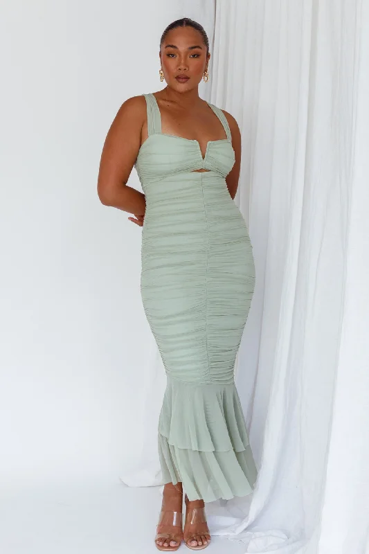 Nadia Ruched Fishtail Maxi Dress Pistachio