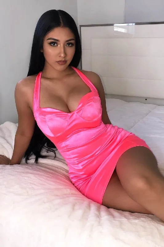 shimmering mini dress -Neon Pink Satin Cup Detail Mini Dress - Jenna