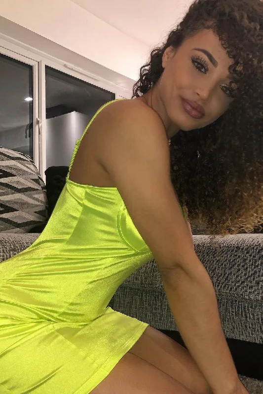 holographic mini dress -Neon Yellow Satin Clasp Front Cup Mini Dress - Teana