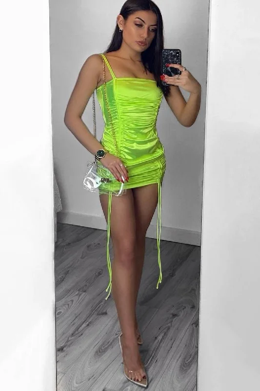 ombré mini dress -Neon Yellow Satin Ruched Front Mini Dress - Delsie