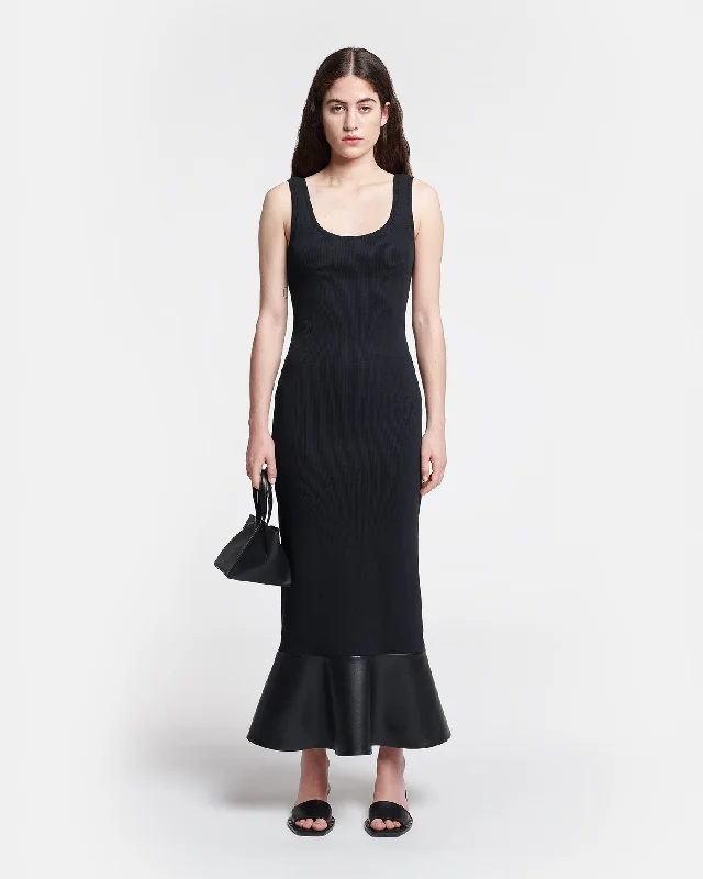 Talulla - Leather-Trimmed Ribbed-Jersey Midi Dress - Black