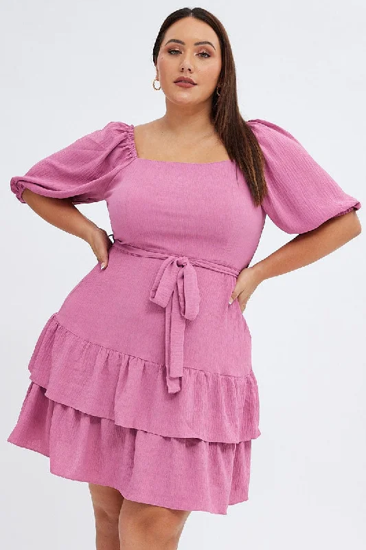 Pink Mini Dress Short Puff Sleeve Textured Waist Tie