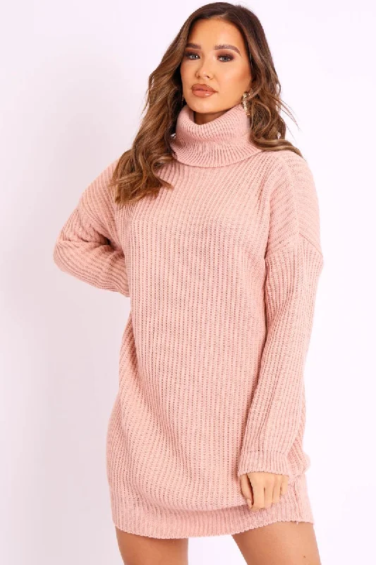 Pink Roll Neck Mini Jumper Dress - Dariyana