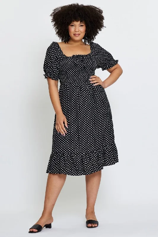 Polka Dot Skater Dress Square Neck Short Sleeve