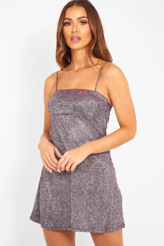 Purple Glitter Straight Neck Mini Dress - Alanis