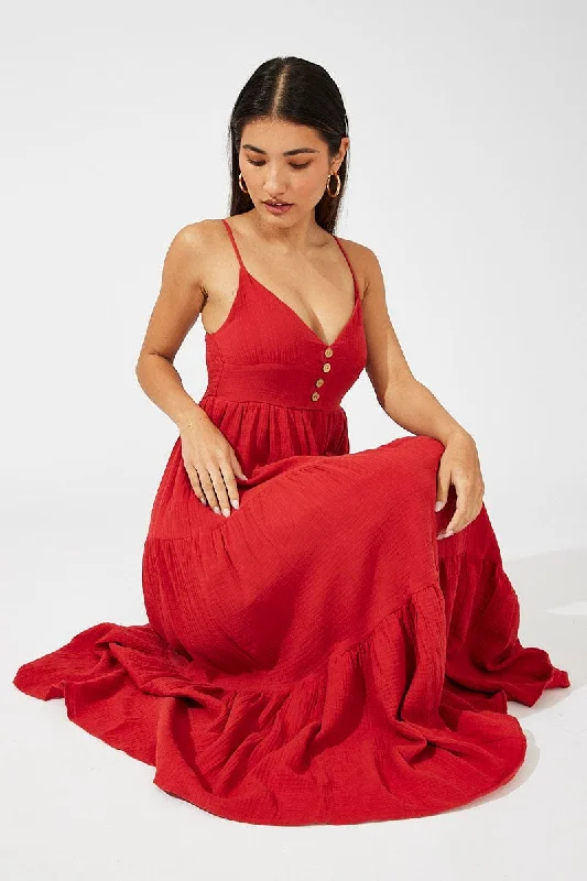 Red Maxi Dress Sleeveless V-Neck